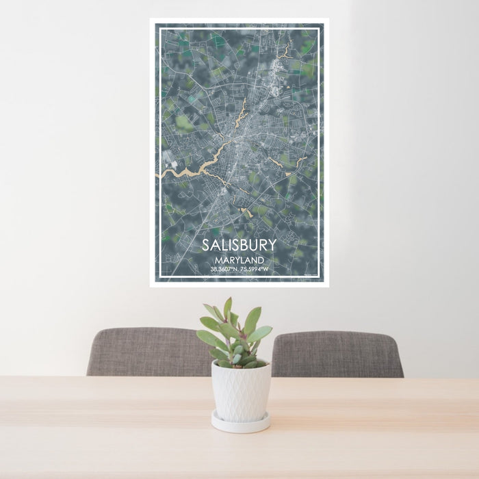 24x36 Salisbury Maryland Map Print Portrait Orientation in Afternoon Style Behind 2 Chairs Table and Potted Plant