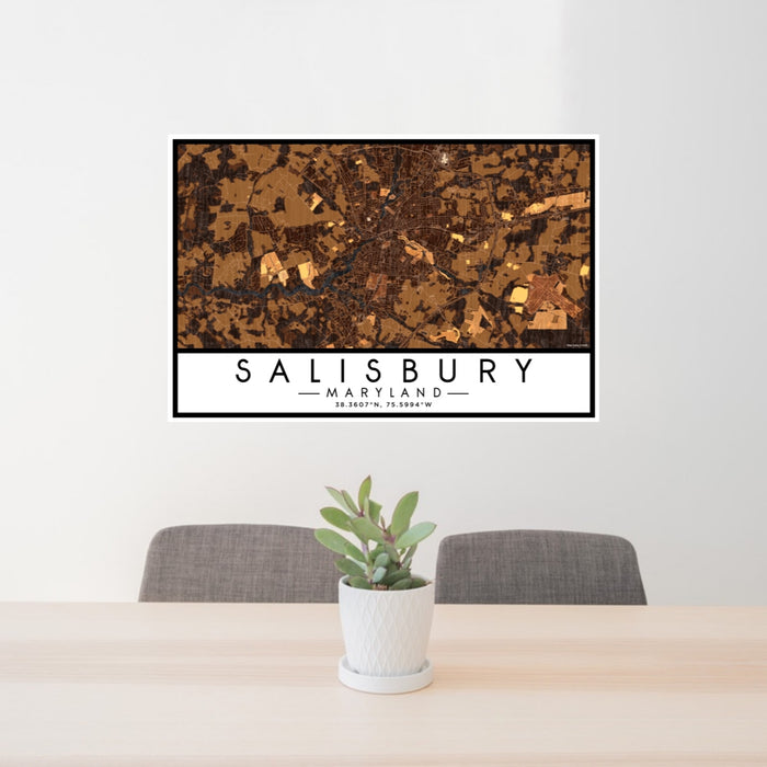 24x36 Salisbury Maryland Map Print Lanscape Orientation in Ember Style Behind 2 Chairs Table and Potted Plant