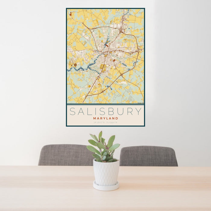 24x36 Salisbury Maryland Map Print Portrait Orientation in Woodblock Style Behind 2 Chairs Table and Potted Plant