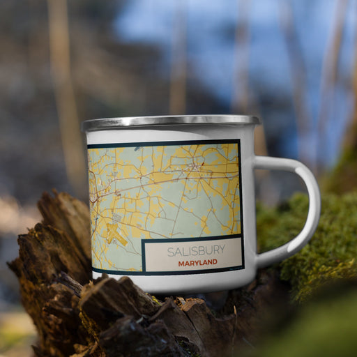 Right View Custom Salisbury Maryland Map Enamel Mug in Woodblock on Grass With Trees in Background