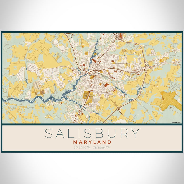 Salisbury Maryland Map Print Landscape Orientation in Woodblock Style With Shaded Background
