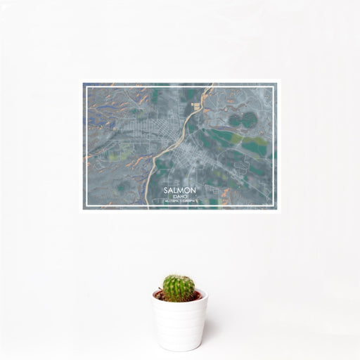 12x18 Salmon Idaho Map Print Landscape Orientation in Afternoon Style With Small Cactus Plant in White Planter