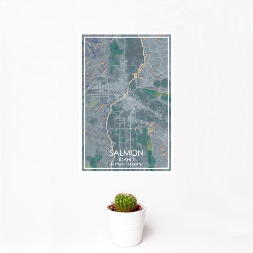 12x18 Salmon Idaho Map Print Portrait Orientation in Afternoon Style With Small Cactus Plant in White Planter