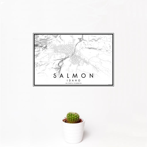 12x18 Salmon Idaho Map Print Landscape Orientation in Classic Style With Small Cactus Plant in White Planter