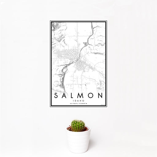 12x18 Salmon Idaho Map Print Portrait Orientation in Classic Style With Small Cactus Plant in White Planter