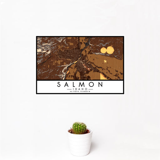 12x18 Salmon Idaho Map Print Landscape Orientation in Ember Style With Small Cactus Plant in White Planter