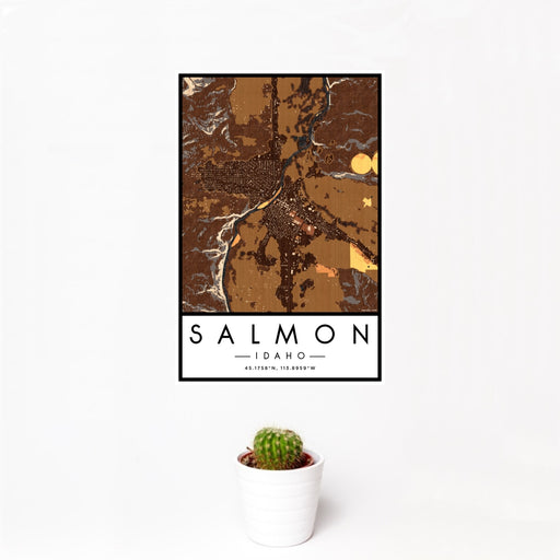 12x18 Salmon Idaho Map Print Portrait Orientation in Ember Style With Small Cactus Plant in White Planter