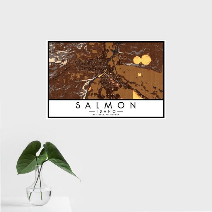 16x24 Salmon Idaho Map Print Landscape Orientation in Ember Style With Tropical Plant Leaves in Water