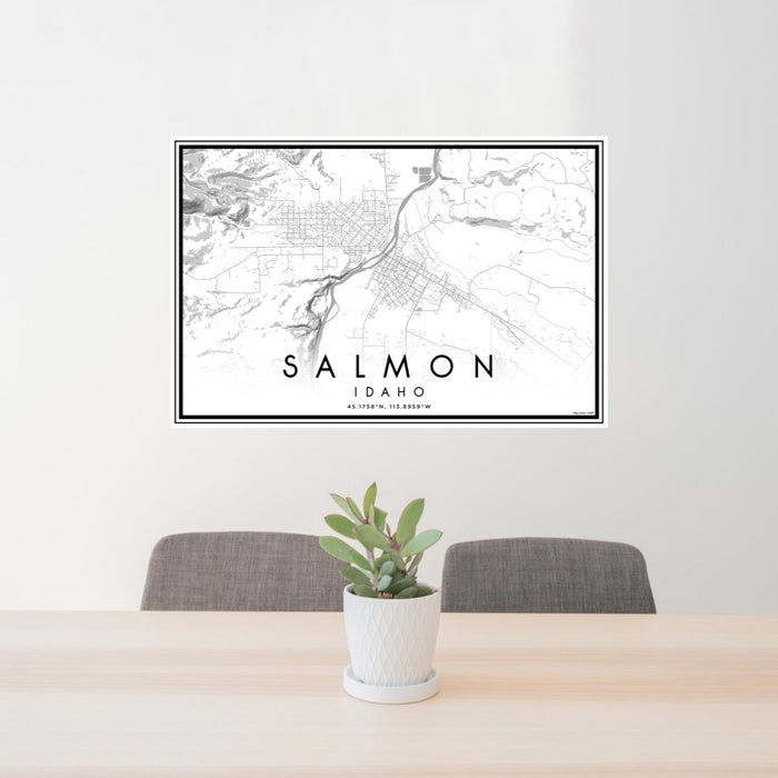 24x36 Salmon Idaho Map Print Lanscape Orientation in Classic Style Behind 2 Chairs Table and Potted Plant