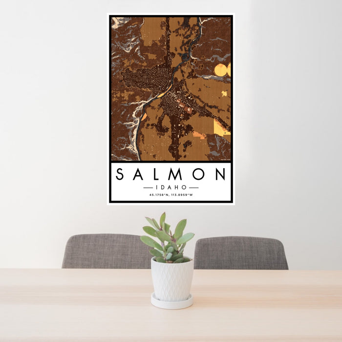 24x36 Salmon Idaho Map Print Portrait Orientation in Ember Style Behind 2 Chairs Table and Potted Plant