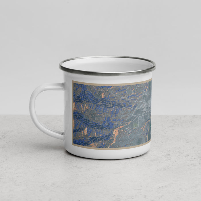 Left View Custom Salmon Idaho Map Enamel Mug in Afternoon