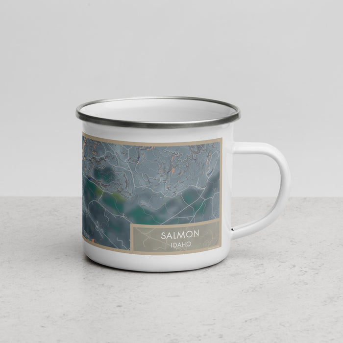 Right View Custom Salmon Idaho Map Enamel Mug in Afternoon