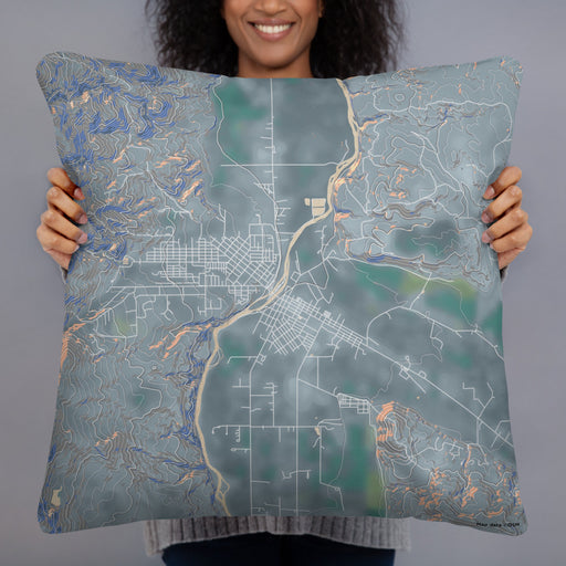 Person holding 22x22 Custom Salmon Idaho Map Throw Pillow in Afternoon