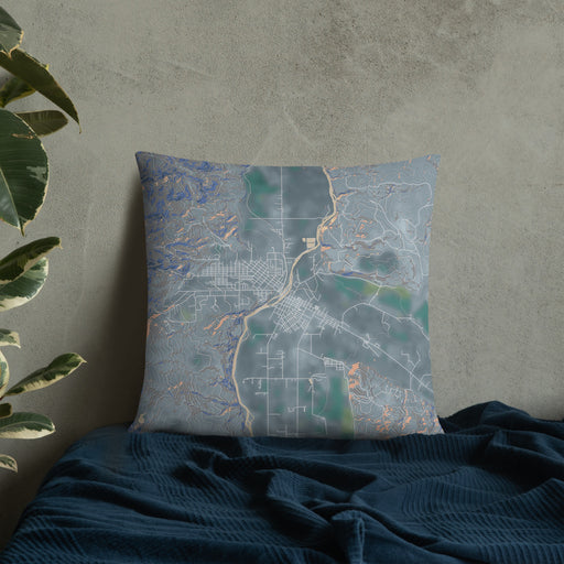 Custom Salmon Idaho Map Throw Pillow in Afternoon on Bedding Against Wall