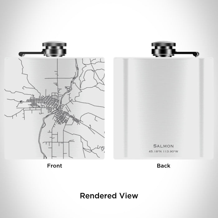 Rendered View of Salmon Idaho Map Engraving on 6oz Stainless Steel Flask in White