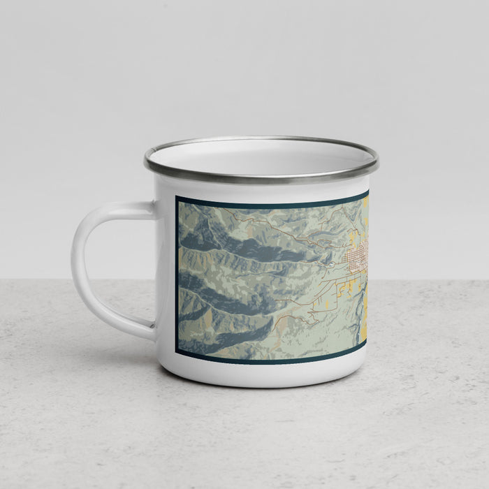 Left View Custom Salmon Idaho Map Enamel Mug in Woodblock