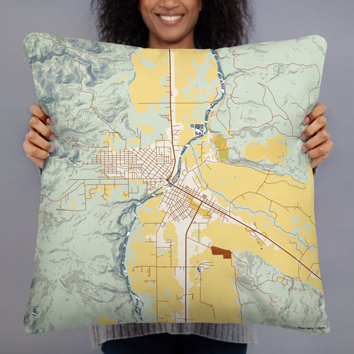 Person holding 22x22 Custom Salmon Idaho Map Throw Pillow in Woodblock