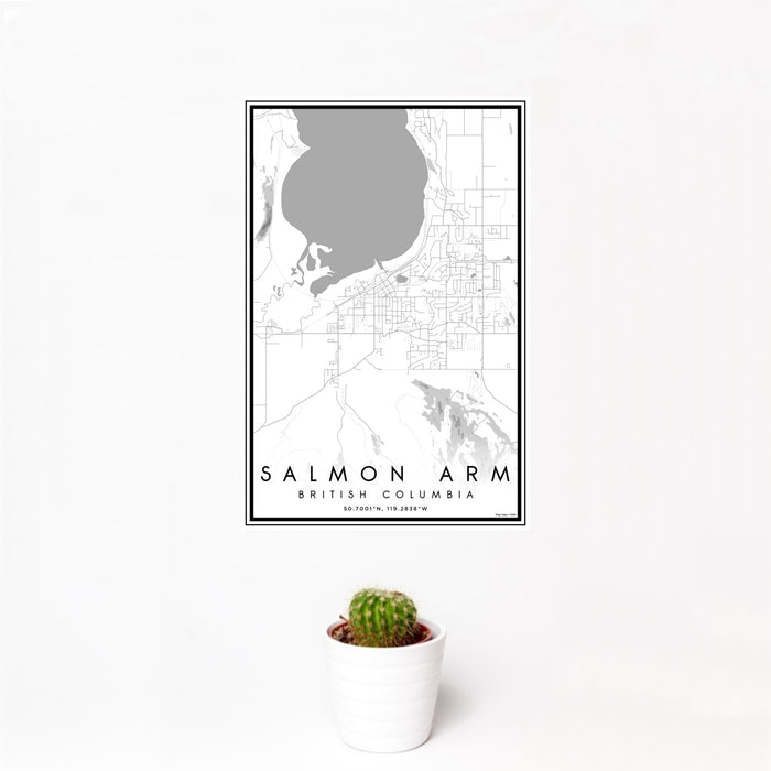 12x18 Salmon Arm British Columbia Map Print Portrait Orientation in Classic Style With Small Cactus Plant in White Planter