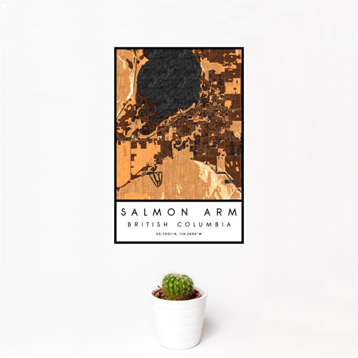 12x18 Salmon Arm British Columbia Map Print Portrait Orientation in Ember Style With Small Cactus Plant in White Planter
