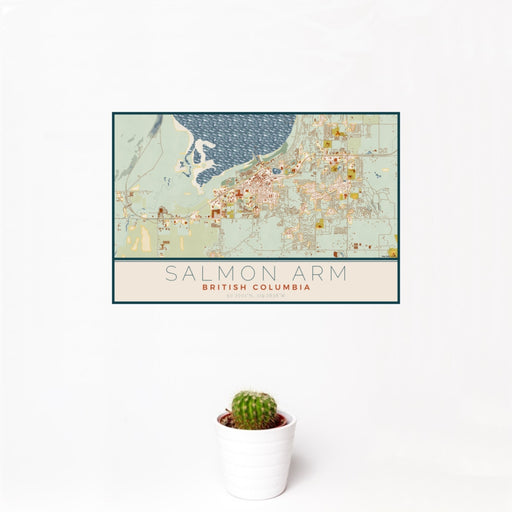 12x18 Salmon Arm British Columbia Map Print Landscape Orientation in Woodblock Style With Small Cactus Plant in White Planter