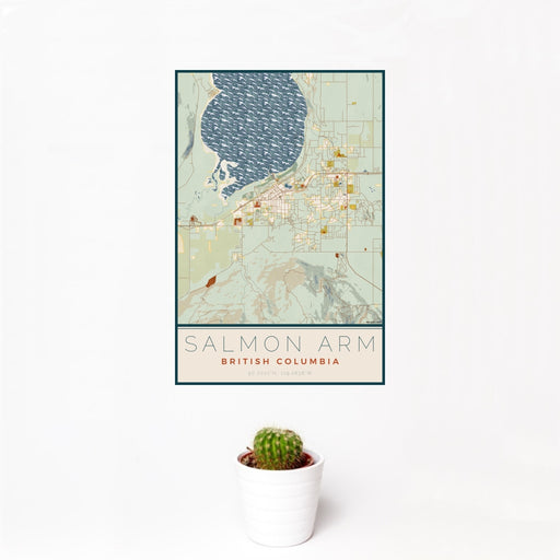 12x18 Salmon Arm British Columbia Map Print Portrait Orientation in Woodblock Style With Small Cactus Plant in White Planter