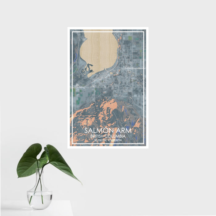16x24 Salmon Arm British Columbia Map Print Portrait Orientation in Afternoon Style With Tropical Plant Leaves in Water