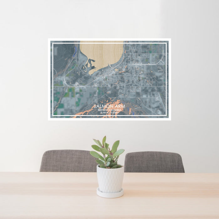 24x36 Salmon Arm British Columbia Map Print Lanscape Orientation in Afternoon Style Behind 2 Chairs Table and Potted Plant