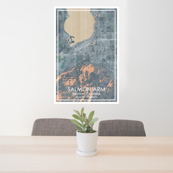 24x36 Salmon Arm British Columbia Map Print Portrait Orientation in Afternoon Style Behind 2 Chairs Table and Potted Plant