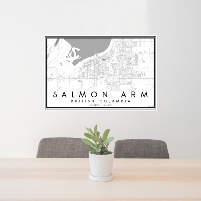 24x36 Salmon Arm British Columbia Map Print Lanscape Orientation in Classic Style Behind 2 Chairs Table and Potted Plant