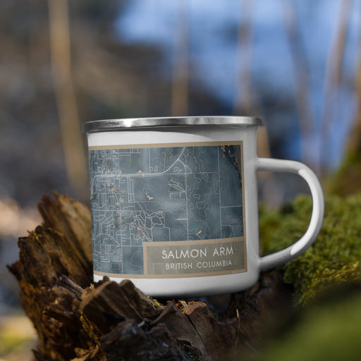 Right View Custom Salmon Arm British Columbia Map Enamel Mug in Afternoon on Grass With Trees in Background