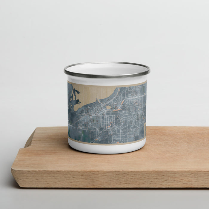 Front View Custom Salmon Arm British Columbia Map Enamel Mug in Afternoon on Cutting Board