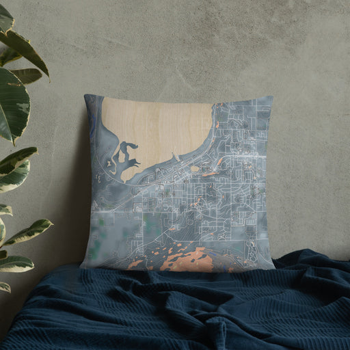 Custom Salmon Arm British Columbia Map Throw Pillow in Afternoon on Bedding Against Wall