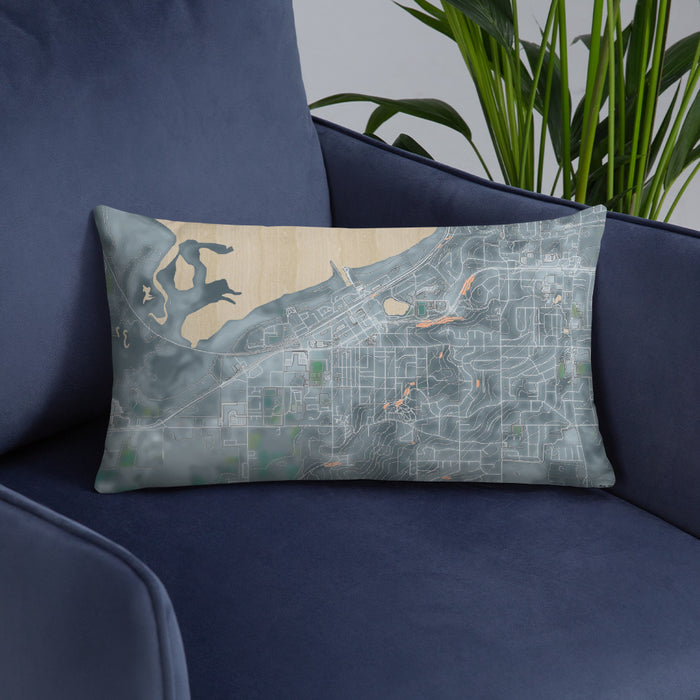 Custom Salmon Arm British Columbia Map Throw Pillow in Afternoon on Blue Colored Chair
