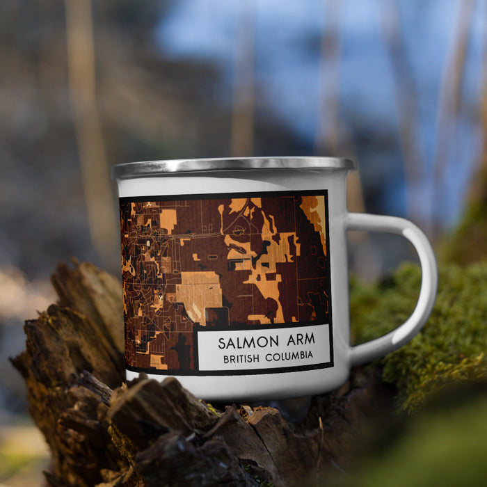 Right View Custom Salmon Arm British Columbia Map Enamel Mug in Ember on Grass With Trees in Background