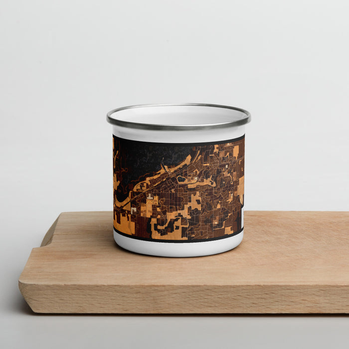 Front View Custom Salmon Arm British Columbia Map Enamel Mug in Ember on Cutting Board