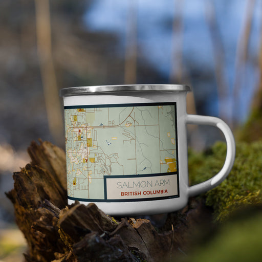 Right View Custom Salmon Arm British Columbia Map Enamel Mug in Woodblock on Grass With Trees in Background