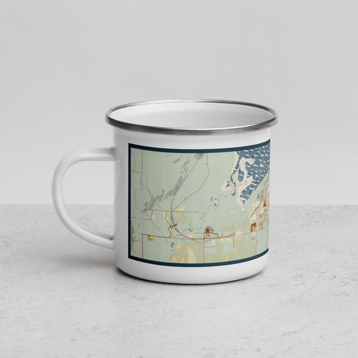 Left View Custom Salmon Arm British Columbia Map Enamel Mug in Woodblock