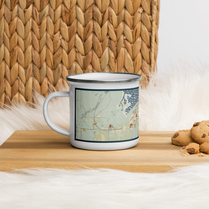 Left View Custom Salmon Arm British Columbia Map Enamel Mug in Woodblock on Table Top