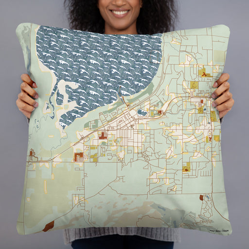 Person holding 22x22 Custom Salmon Arm British Columbia Map Throw Pillow in Woodblock