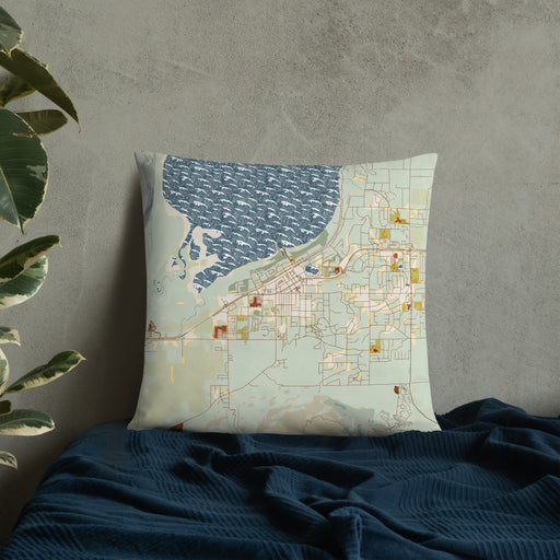 Custom Salmon Arm British Columbia Map Throw Pillow in Woodblock on Bedding Against Wall
