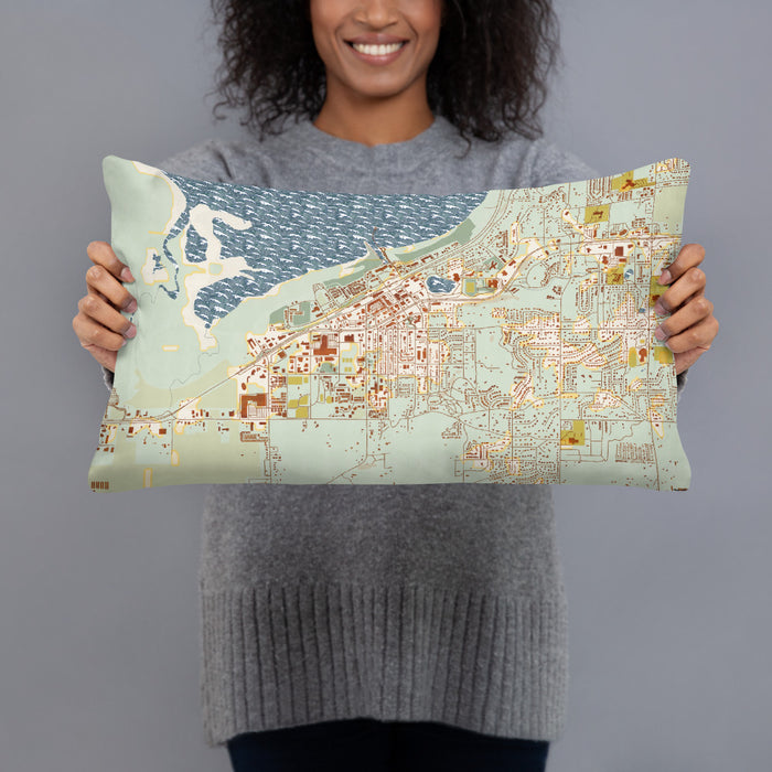 Person holding 20x12 Custom Salmon Arm British Columbia Map Throw Pillow in Woodblock