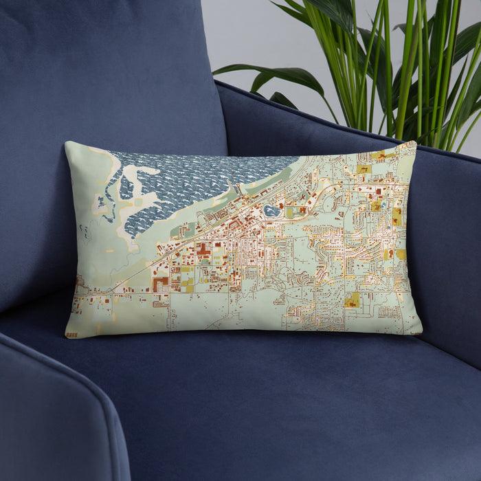 Custom Salmon Arm British Columbia Map Throw Pillow in Woodblock on Blue Colored Chair