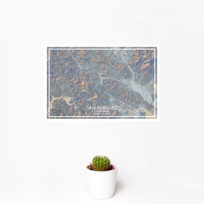 12x18 San Anselmo California Map Print Landscape Orientation in Afternoon Style With Small Cactus Plant in White Planter