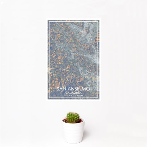 12x18 San Anselmo California Map Print Portrait Orientation in Afternoon Style With Small Cactus Plant in White Planter