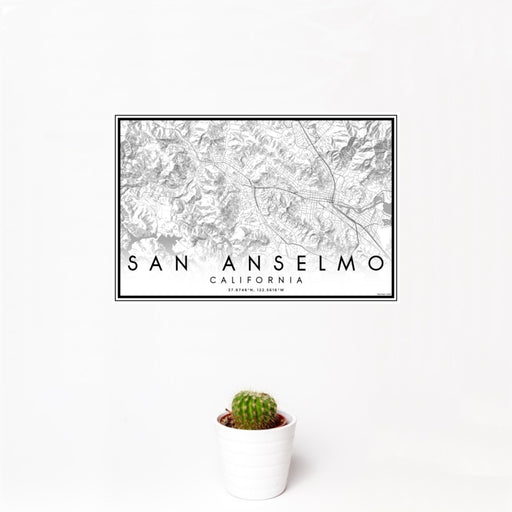 12x18 San Anselmo California Map Print Landscape Orientation in Classic Style With Small Cactus Plant in White Planter