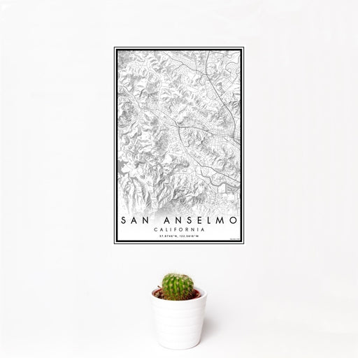 12x18 San Anselmo California Map Print Portrait Orientation in Classic Style With Small Cactus Plant in White Planter