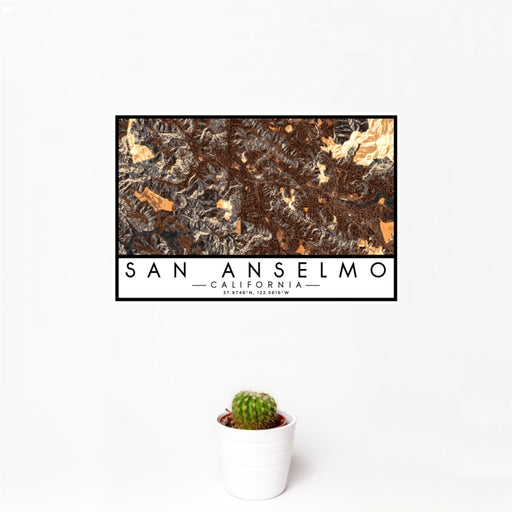 12x18 San Anselmo California Map Print Landscape Orientation in Ember Style With Small Cactus Plant in White Planter
