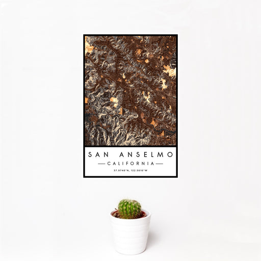 12x18 San Anselmo California Map Print Portrait Orientation in Ember Style With Small Cactus Plant in White Planter