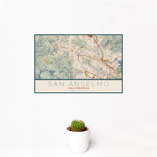 12x18 San Anselmo California Map Print Landscape Orientation in Woodblock Style With Small Cactus Plant in White Planter