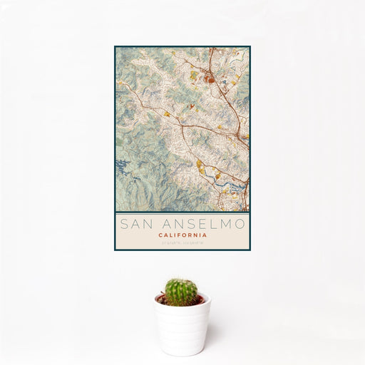 12x18 San Anselmo California Map Print Portrait Orientation in Woodblock Style With Small Cactus Plant in White Planter
